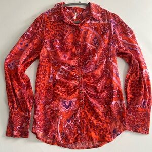 Free People Vibrant Red and Pink Patterned Blouse (bin B)